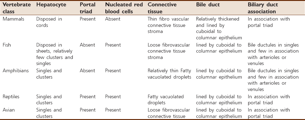 Table 1: A Tabular presentation of histological variations within vertebrates liver