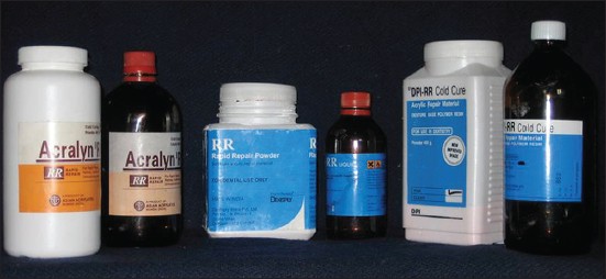 Figure 1: Test materials used in the study (from left to right acralyn RR, RR, and DPI-RR Cold Cure respectively)