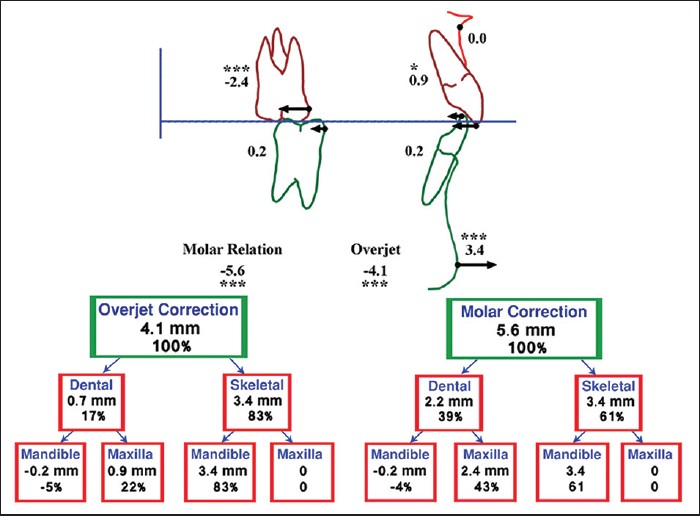 Figure 3: Mechanism of Class II correction: maxillary and mandibular skeletal and dentoalveolar changes contributing to overjet and Class II molar relation correction