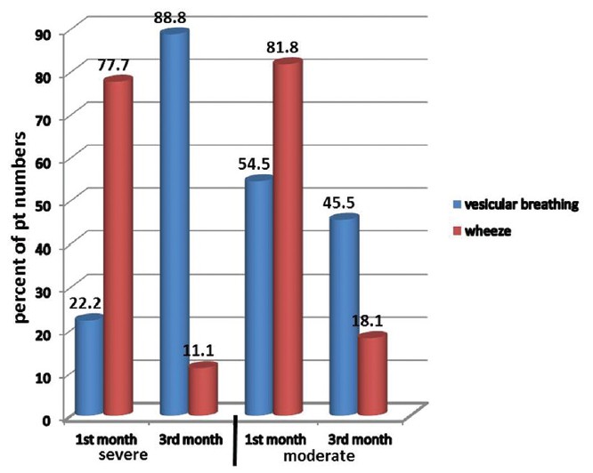 Figure 1: Finding of auscultation in severe and moderate asthma patients done before and after three months of Bee's honey and Nigella sativa usage