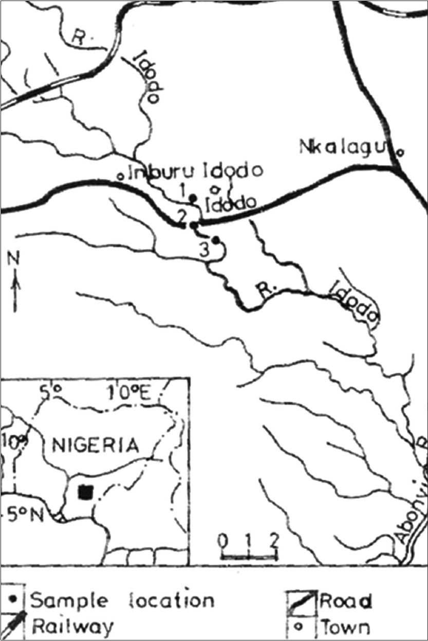 Figure 1: The Idodo River with sampling stations 1, 2 and 3 (●). The closed square in the insert shows the relative position of the Idodo River in Nigeria