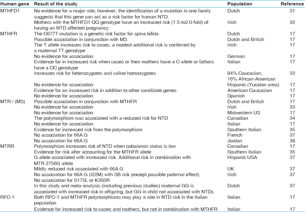 Table 1: Candidate genes for neural tube defect maternal risk list