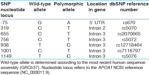 Table 1: SNPs in the human <i>APOA1</i>gene present in the SAI population