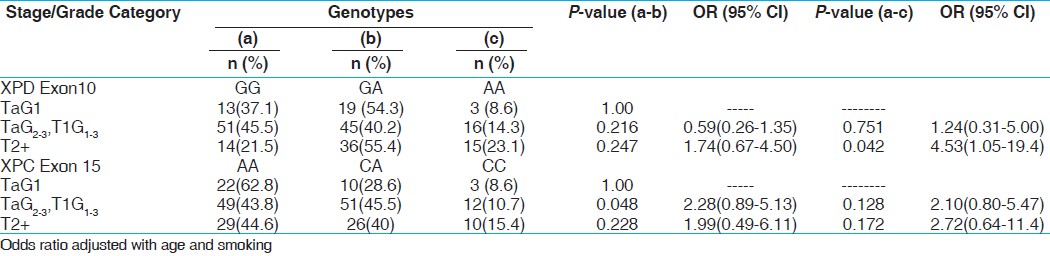 Table 8: Influence of XPD and XPC gene polymorphisms with tumor stage/grade categories of BC patients