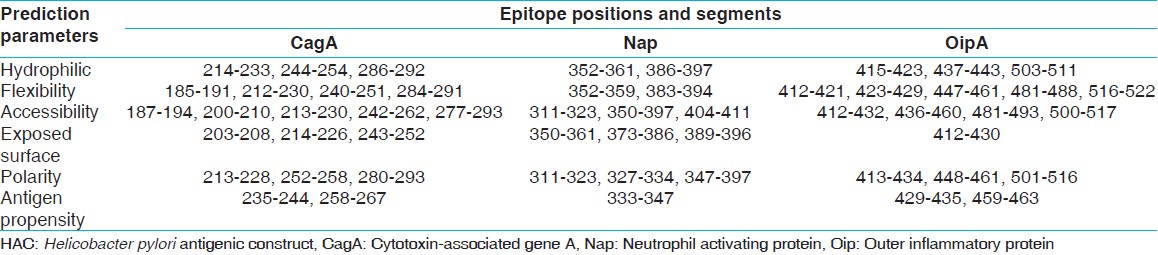 Table 1: HAC continuous B - cell epitopes prediction in flaA - HAC chimeric protein based on physical and chemical properties by Bcepred