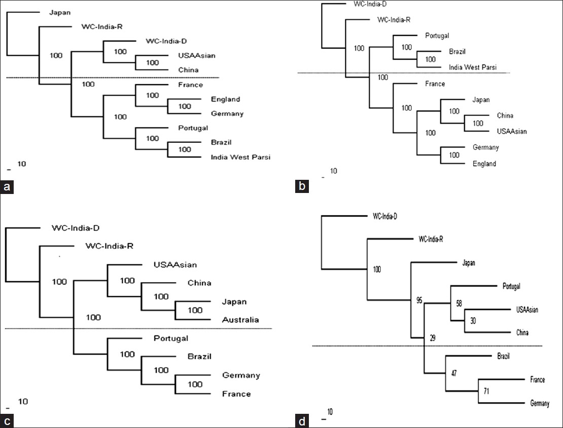 Figure 5: Dendrogram constructed by the neighbor-joining method (a) relationships of the West Central India (WCI populations with other nine populations based on the allelic frequencies of human leukocyte antigen (HLA) HLA-A locus; (b) relationships of the WCI population with other 9 populations based on the allelic frequencies of HLA-B locus; (c) relationships of the WCI population with other 8 populations based on the allelic frequencies of HLA-DRB1 locus; and (d) relationships of the WCI population with other 7 populations based on the combined allelic frequencies of HLA-A, B and DRB1 loci