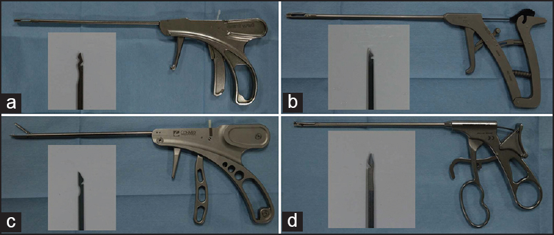 Figure 1: Antegrade suture passers used in this study: (a) ExpresSew II, (b) Arthrex Scorpion, (c) Concept, and (d) ElitePass. Each small box shows an enlarged image of the flexible needle used in each device. All needles had a side opening that captured and delivered the suture through the tendon. Note that the superior grasping arm of device C did not have a locking mechanism and is therefore shown open in this image