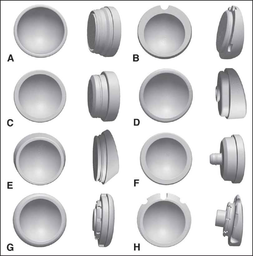 Figure 1: The three-dimensional geometries of the polyethylene inserts from eight different reverse shoulder arthroplasty systems reconstructed from microcomputed tomography scanning. (a) Arthrex, (b) Biomet, (c) Depuy, (d) Exactech, (e) Tornier fl ex shoulder system reverse, (f) tornier aequalis reversed, (g) Zimmer anatomical shoulder inverse/reverse, (h) Zimmer trabecular metal reverse shoulder