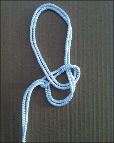 Figure 3: The Nice knot is a double-stranded knot, which increases bulk. It was tested with 0, 1, 2, and 3 half-hitches. Shown without half-hitches