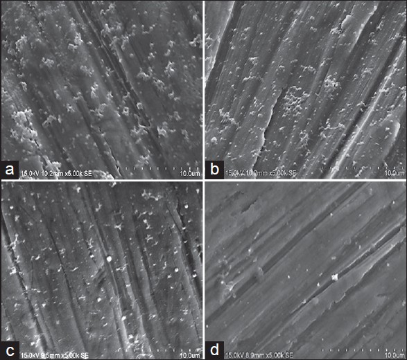 Figure 5: Scanning electron micrographs of <i>Streptococcus mutans</i> on Hubit mini-implants: (a) Group 1C-Control group (no garlic extract). (b) Group 2C-16 mg/ml Garlic extract. (c) Group 3C-32 mg/ml Garlic extract. (d) Group 4C-64 mg/ml garlic extract