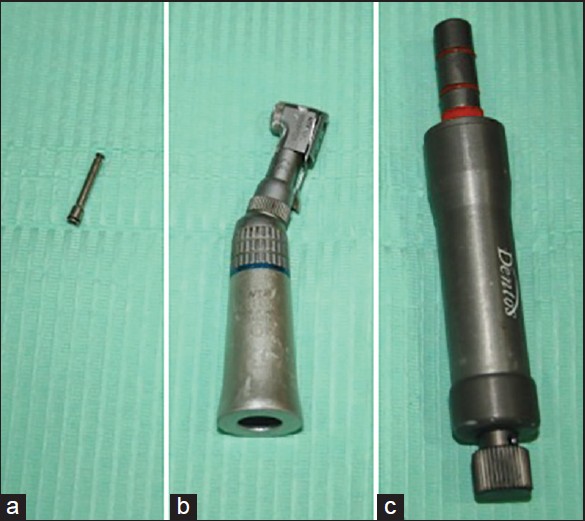 Figure 4: Armamentarium for placement of palatal micro-implant. (a) Contra-angle driver, (b) contra-angle handpiece, (c) hand-driver