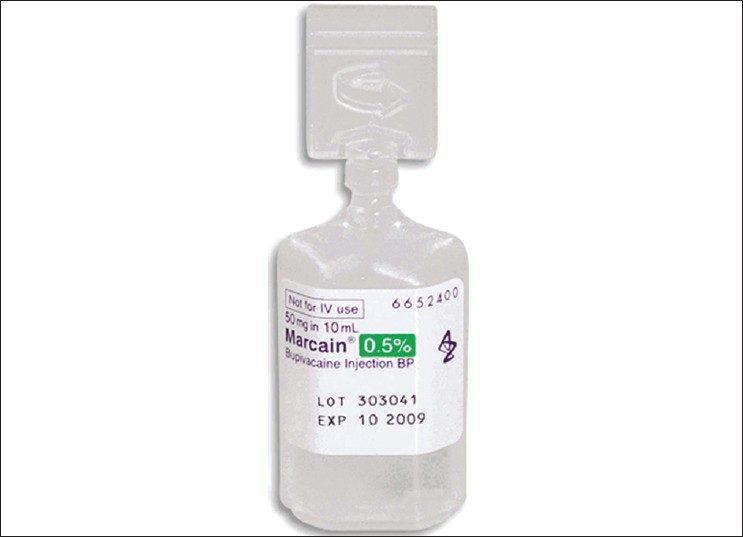Figure 1: Ampoule of local anesthetic. The label can be peeled off by the scrub nurse and attached to a sterile syringe