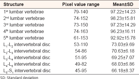Table 6: Signal intensity analysis for lumbar vertebrae and intervertebral disc