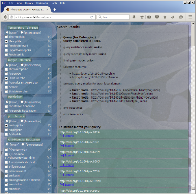 An early working version of our faceted search for strains by phenotype. Using our novel method of Semantic Equivalence, we may construct representations of an environment as a set of environmental constraints.